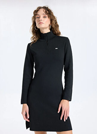 Jeep Dik Yaka Düz Örgü Desenli Siyah Diz Üstü Kadın Elbise J5WL-ELB7078