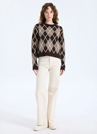 Jeep Bisiklet Yaka Relaxed Baklava Desenli Kahve Kazak Kadın J5WL-KZK7168