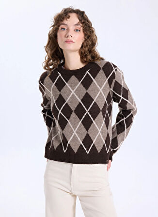 Jeep Bisiklet Yaka Relaxed Baklava Desenli Kahve Kazak Kadın J5WL-KZK7168