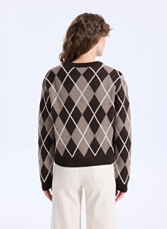 Jeep Bisiklet Yaka Relaxed Baklava Desenli Kahve Kazak Kadın J5WL-KZK7168