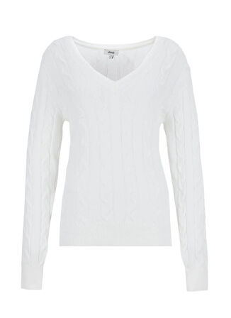 Jeep V Yaka Basic Saç Örgü Desenli Ekru Kazak Kadın J5WL-KZK7129