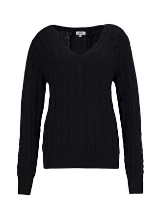 Jeep V Yaka Basic Saç Örgü Desenli Siyah Kazak Kadın J5WL-KZK7129