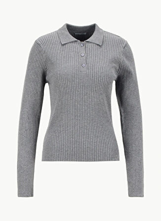 Mustang Polo Yaka Basic Düz Gri Kazak Kadın M5WL-KZK1078