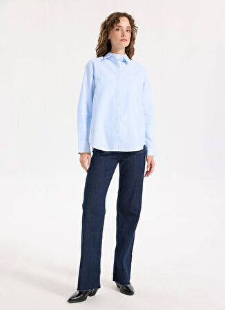 Jeep Relaxed Gömlek Yaka Çizgili Mavi Kadın Gömlek J5WL-GML7137