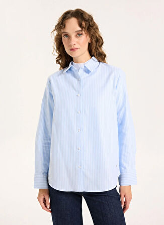 Jeep Relaxed Gömlek Yaka Çizgili Mavi Kadın Gömlek J5WL-GML7137