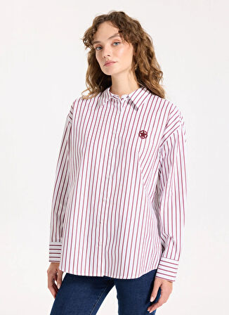Jeep Loose Fit Gömlek Yaka Çizgili Bordo Kadın Gömlek J5WL-GML7138
