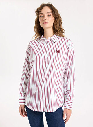 Jeep Loose Fit Gömlek Yaka Çizgili Bordo Kadın Gömlek J5WL-GML7138