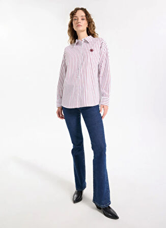 Jeep Loose Fit Gömlek Yaka Çizgili Bordo Kadın Gömlek J5WL-GML7138