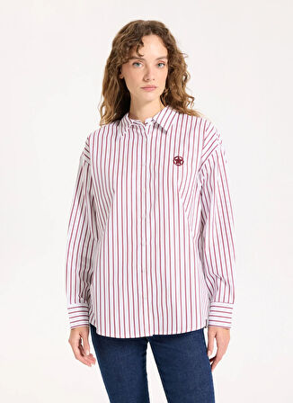 Jeep Loose Fit Gömlek Yaka Çizgili Bordo Kadın Gömlek J5WL-GML7138