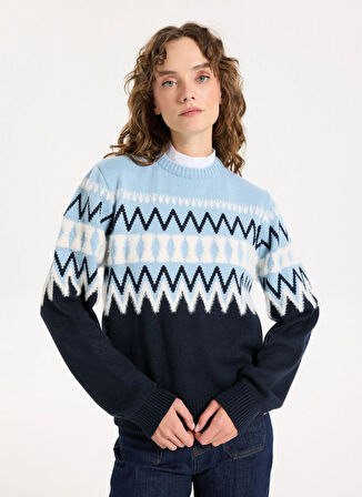 Jeep Bisiklet Yaka Relaxed Jakarlı Ekru - Lacivert Kazak Kadın J5WL-KZK7050