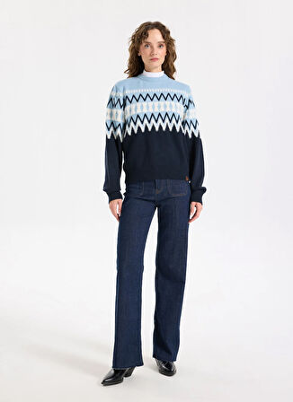 Jeep Bisiklet Yaka Relaxed Jakarlı Ekru - Lacivert Kazak Kadın J5WL-KZK7050