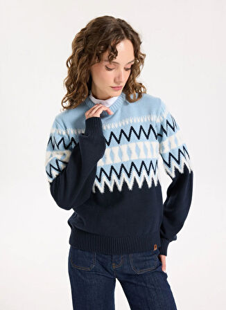 Jeep Bisiklet Yaka Relaxed Jakarlı Ekru - Lacivert Kazak Kadın J5WL-KZK7050