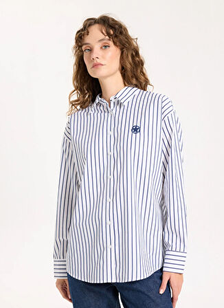 Jeep Loose Fit Gömlek Yaka Çizgili Lacivert Kadın Gömlek J5WL-GML7138