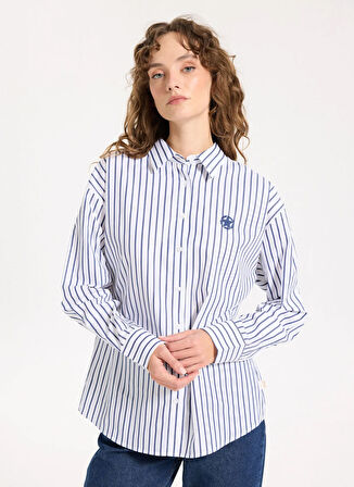 Jeep Loose Fit Gömlek Yaka Çizgili Lacivert Kadın Gömlek J5WL-GML7138