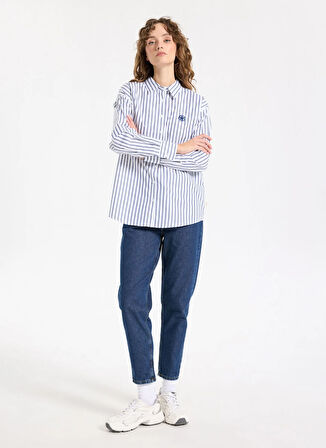 Jeep Loose Fit Gömlek Yaka Çizgili Lacivert Kadın Gömlek J5WL-GML7138