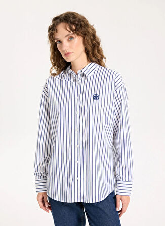 Jeep Loose Fit Gömlek Yaka Çizgili Lacivert Kadın Gömlek J5WL-GML7138