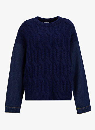 Mustang Bisiklet Yaka Relaxed Düz Örgü Desenli Lacivert Kazak Kadın M5WL-KZK1092