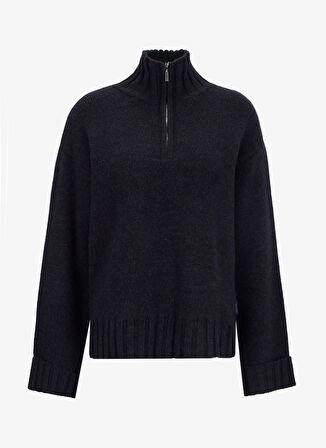 Mustang Fermuarlı Yaka Relaxed Düz Siyah Kazak Kadın M5WL-KZK1451