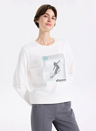 Discovery Expedition D5WL-SWT3613 Beyaz Bisiklet Yaka Relaxed Baskılı Kadın Sweatshırt