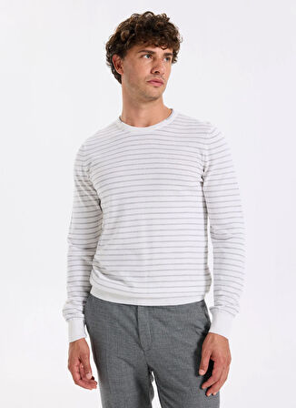 Fabrika Bisiklet Yaka Slim Fit Çizgili Ekru Erkek Kazak F5WM-KZK 2306