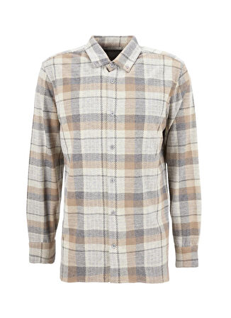 Fabrika Regular Fit Düğmeli Yaka Ekose Bej - Gri Erkek Gömlek F5WM-GML 2760