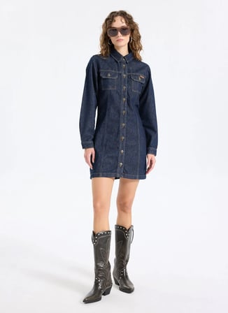 Jeep Lacivert Kadın Yıkamalı Denim Elbise J5WL-ELB7124