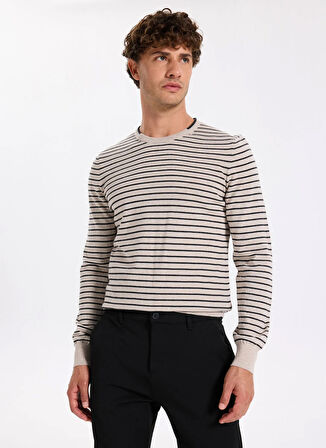 Fabrika Bisiklet Yaka Slim Fit Çizgili Vizon Erkek Kazak F5WM-KZK 2306