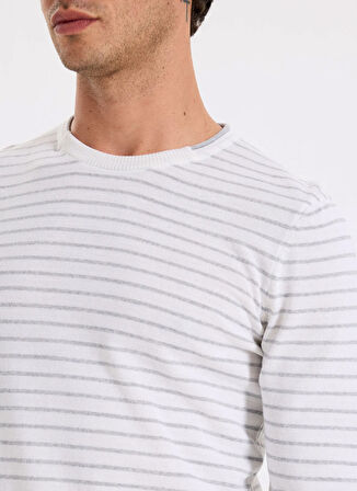 Fabrika Bisiklet Yaka Slim Fit Çizgili Ekru Erkek Kazak F5WM-KZK 2306