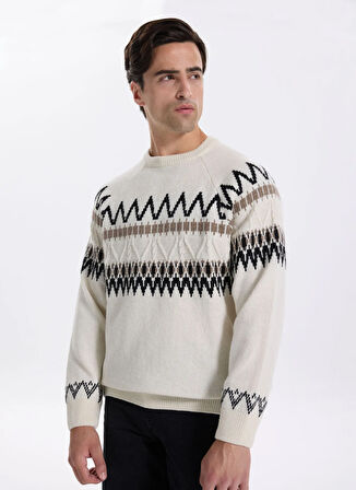 Fabrika Bisiklet Yaka Slim Fit Desenli Ekru Erkek Kazak F5WM-KZK 2541