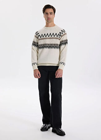 Fabrika Bisiklet Yaka Slim Fit Desenli Ekru Erkek Kazak F5WM-KZK 2541