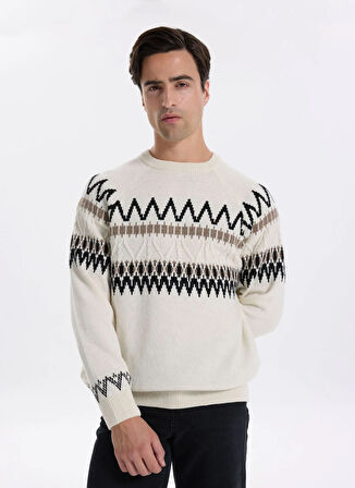 Fabrika Bisiklet Yaka Slim Fit Desenli Ekru Erkek Kazak F5WM-KZK 2541