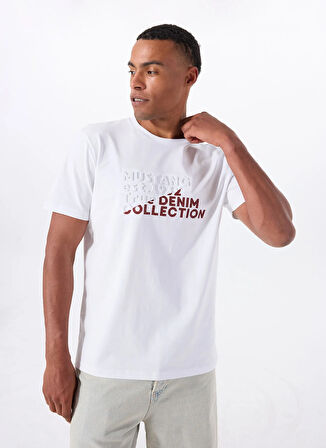 Mustang Bisiklet Yaka Baskılı Beyaz Erkek T-Shirt M5WM-TST1586