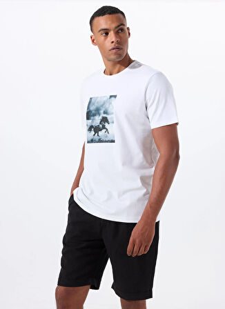 Mustang Bisiklet Yaka Baskılı Beyaz Erkek T-Shirt M5WM-TST1052