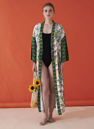 Lisalina Sarı - Yeşil Kadın Kimono LLBW0016