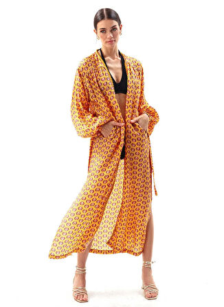 Movom Desenli Sarı Kadın Kimono MVMRWKM13
