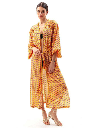 Movom Desenli Sarı Kadın Kimono MVMRWKM13