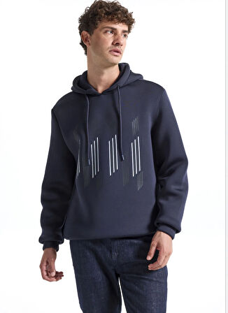 Fabrika Kapüşon Yaka Baskılı Lacivert Erkek Sweatshırt F5WM-SWT 2893