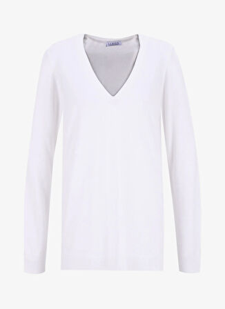 Limon V Yaka Slim Fit Düz Ekru Kazak Kadın ML5WL-KZK9009