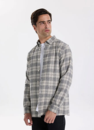Fabrika Regular Fit Düğmeli Yaka Ekose Gri Erkek Gömlek F5WM-GML 2365