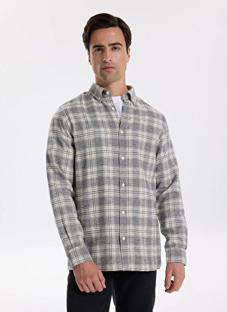 Fabrika Regular Fit Düğmeli Yaka Ekose Gri Erkek Gömlek F5WM-GML 2365