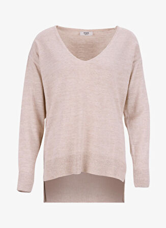 People By Fabrika V Yaka Loose Fit Düz Bej Kazak Kadın PBF5WL-KZK9519