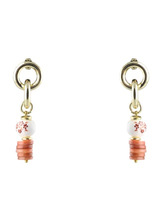 Ponponiere Altın - Mercan - Beyaz Kadın Küpe Akrila Earrings
