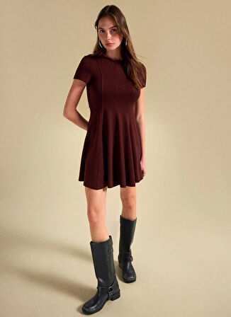 People By Fabrika Yuvarlak Yaka Düz Kahve Mini Kadın Elbise PBF5WL-ELB0117