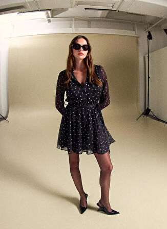 People By Fabrika Yuvarlak Yaka Puantiyeli Beyaz - Siyah Mini Kadın Elbise PBF5WL-ELB0114