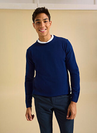 People By Fabrika Bisiklet Yaka Basic Düz Lacivert Erkek Kazak PBF5WM-KZK9557