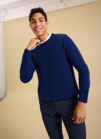 People By Fabrika Bisiklet Yaka Basic Düz Lacivert Erkek Kazak PBF5WM-KZK9557