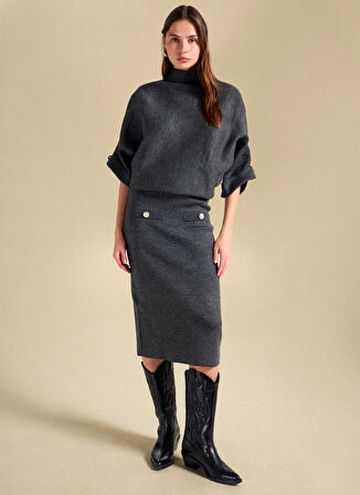 People By Fabrika Yarım balıkçı Yaka Loose Fit Düz Antrasit Kazak Kadın PBF5WL-KZK5103