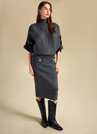 People By Fabrika Yarım balıkçı Yaka Loose Fit Düz Antrasit Kazak Kadın PBF5WL-KZK5103