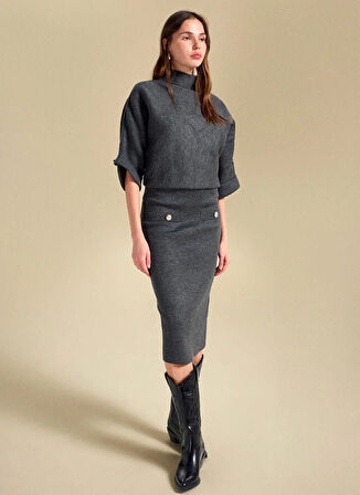 People By Fabrika Lastikli Bel Antrasit Kadın Düz Midi Etek PBF5WL-ETK5104