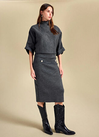 People By Fabrika Lastikli Bel Antrasit Kadın Düz Midi Etek PBF5WL-ETK5104